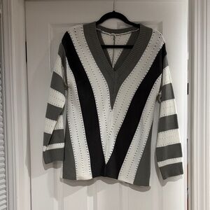 Striped V-Neck Sweater - Black, Gray, and White